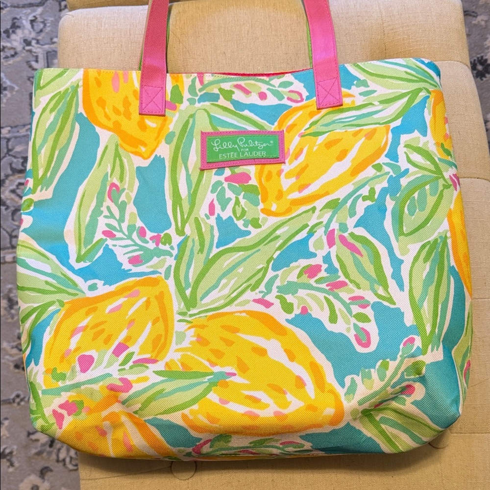 Brand New Lilly Pulitzer Bright Lemon & Teal Tropical Tote with Pink Handles